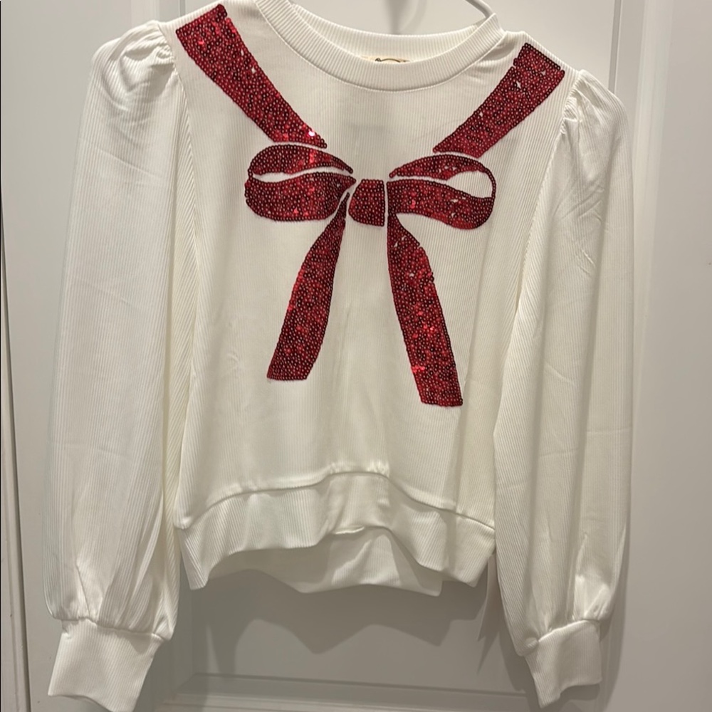 Joyfolie white top with sparkle red bow size 10
